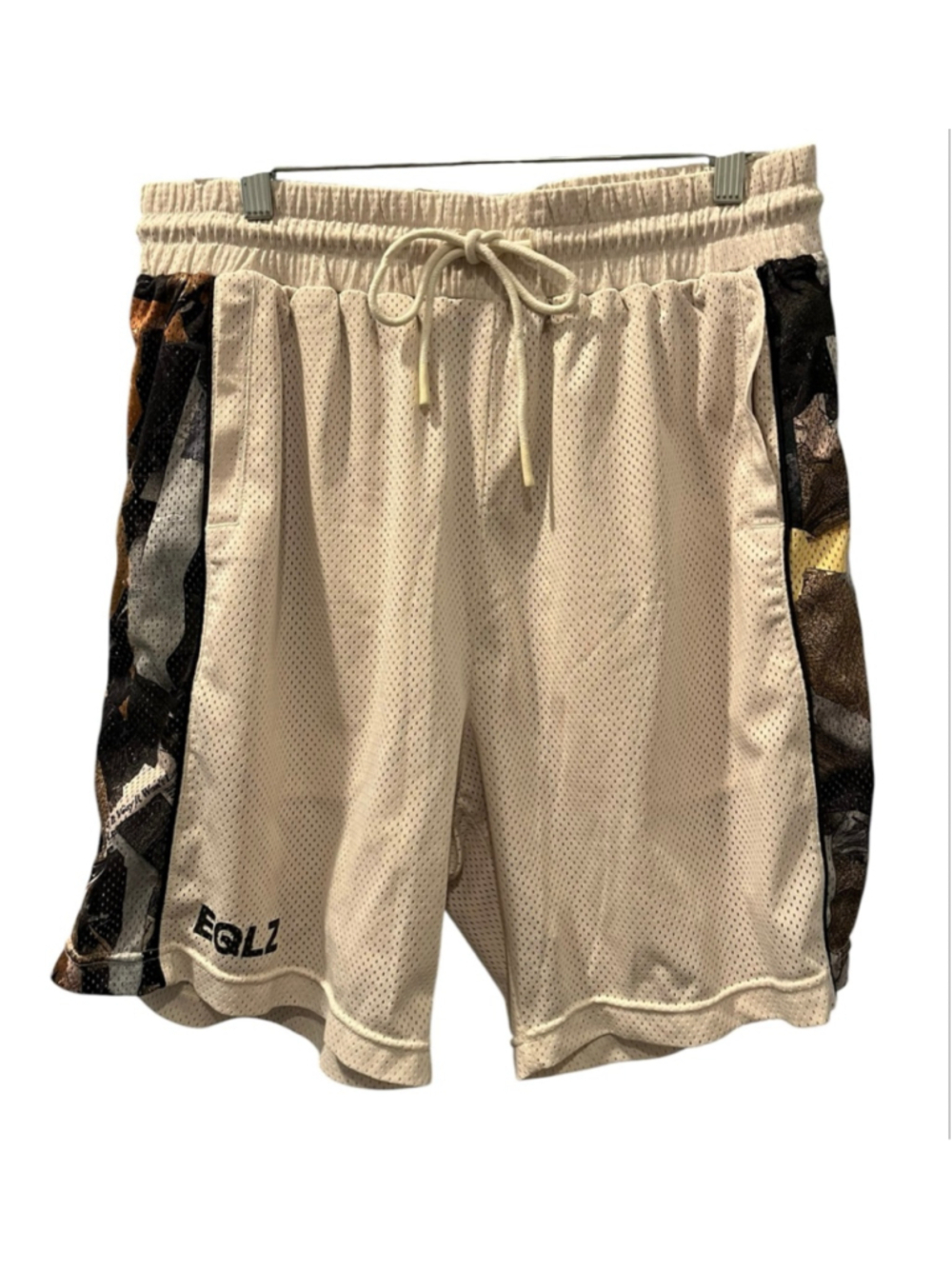 EQLZ Cream Mesh Basketball Shorts Camo Side Panel Mens Size Large Athletic